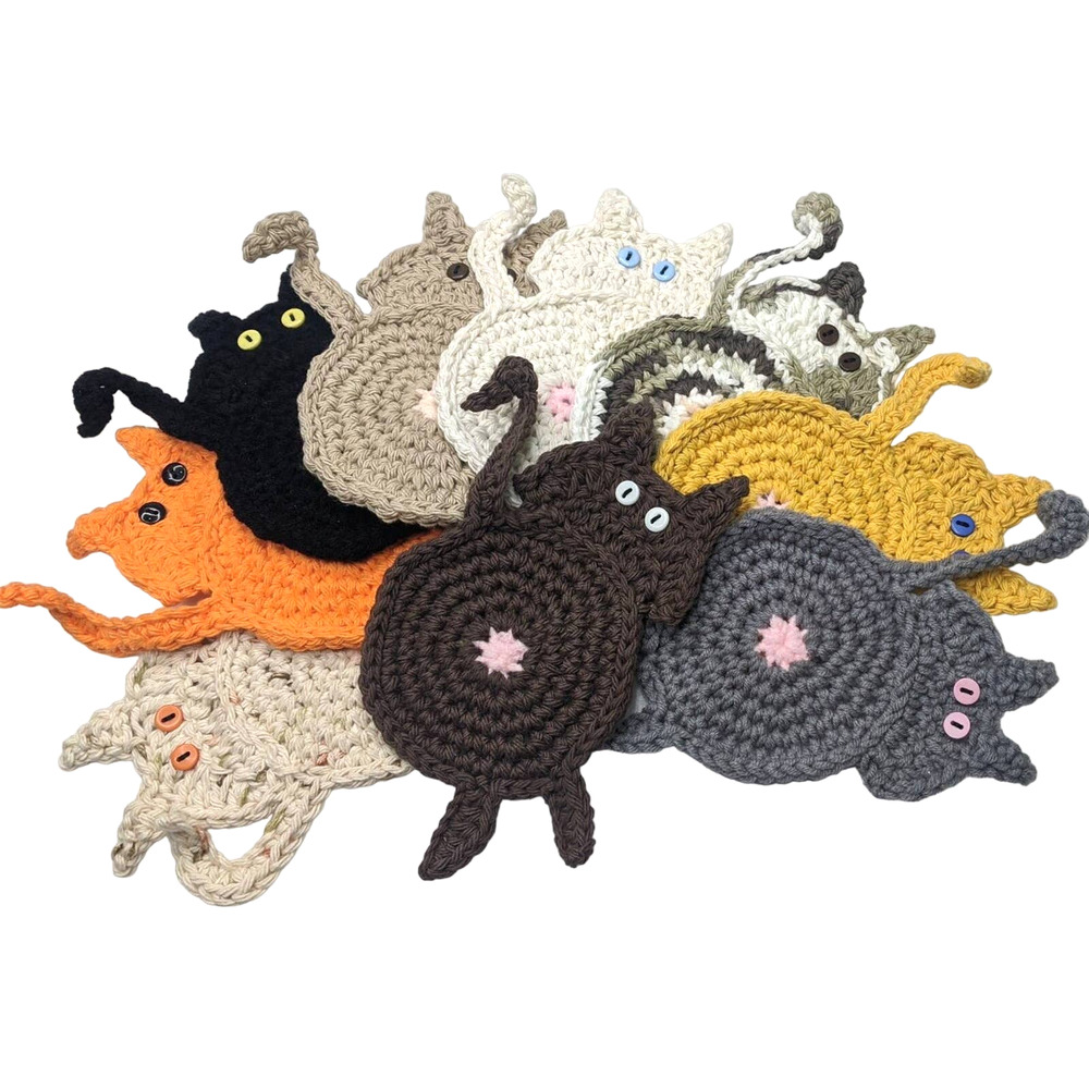 Crochet Cat Butt Coasters Set of Two Hand Crafted Peeking Kitty Mug Rugs Custom